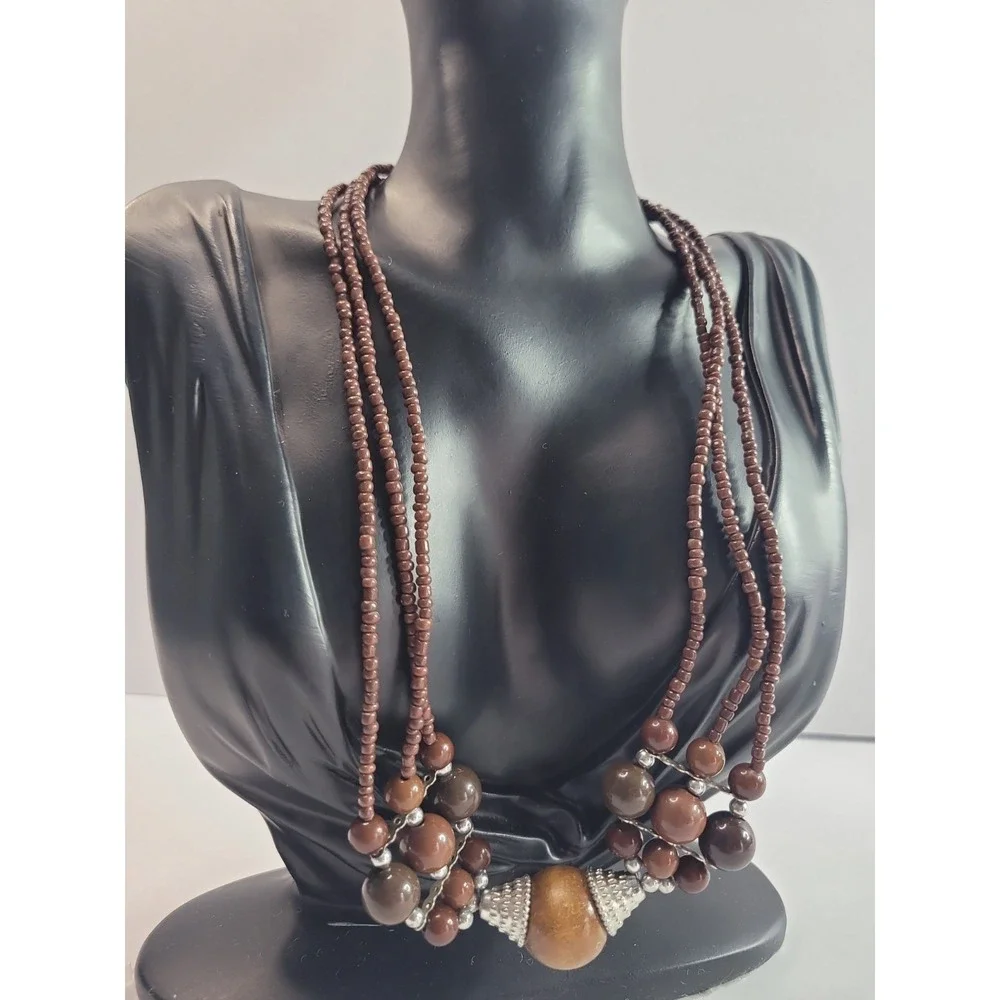 Brown Multi Strand Beaded Necklace Silver Tone Boho Statement Tribal Style